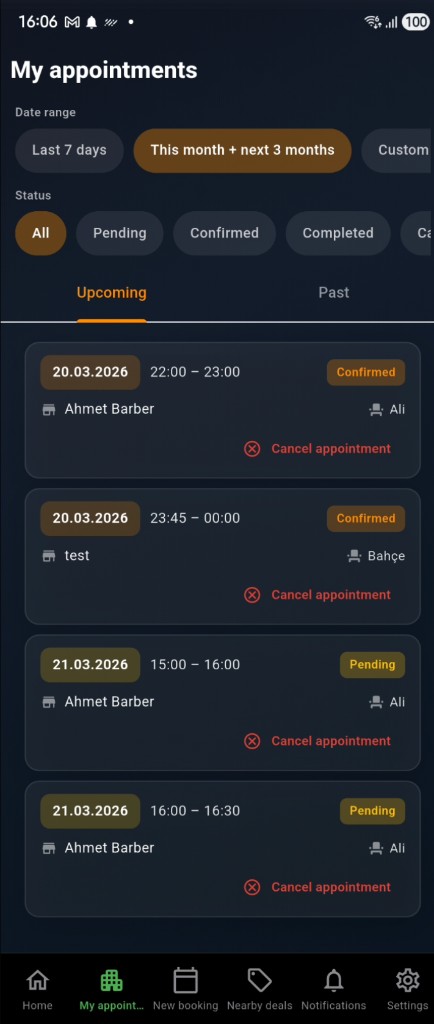 My appointments — date and status filters, Upcoming / Past (English)