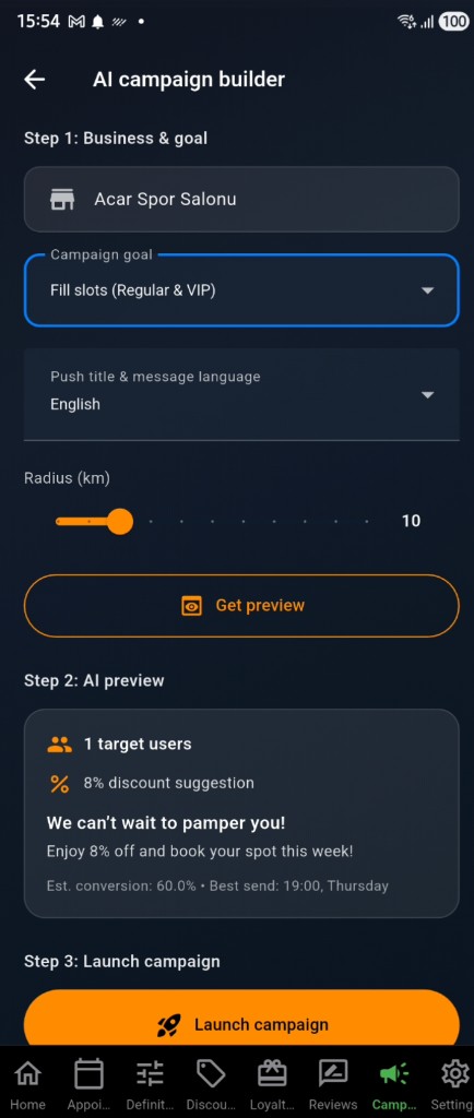 EasyReseva — AI campaign builder: goal, language, radius, preview and launch campaign (English screenshot)