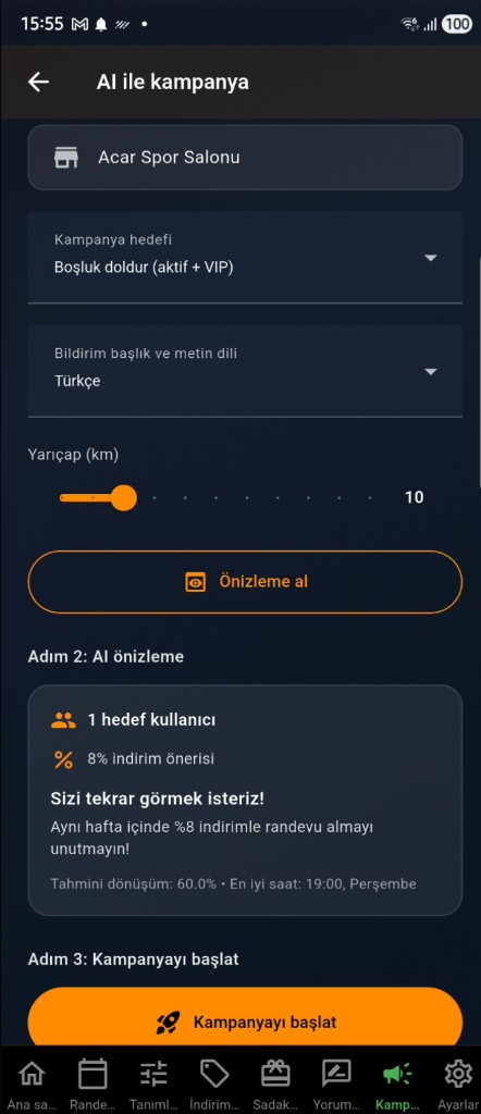EasyReseva — AI ile kampanya oluşturucu: hedef, dil, yarıçap, önizleme ve kampanyayı başlat (Türkçe ekran görüntüsü)