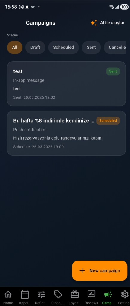 EasyReseva — Campaigns list: Create with AI, status filters, sent and scheduled campaigns (English screenshot)