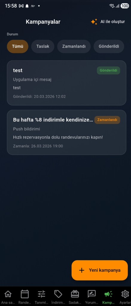 EasyReseva — Kampanyalar listesi: AI ile oluştur, durum filtreleri, gönderilmiş ve zamanlanmış kampanyalar (Türkçe ekran görüntüsü)