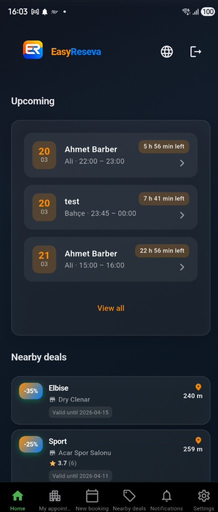 Customer home — Upcoming appointments and Nearby deals (English)
