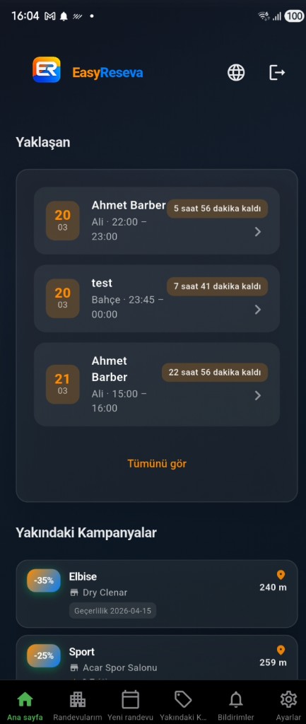 Müşteri ana ekranı — Yaklaşan randevular ve Yakındaki Kampanyalar (Türkçe)