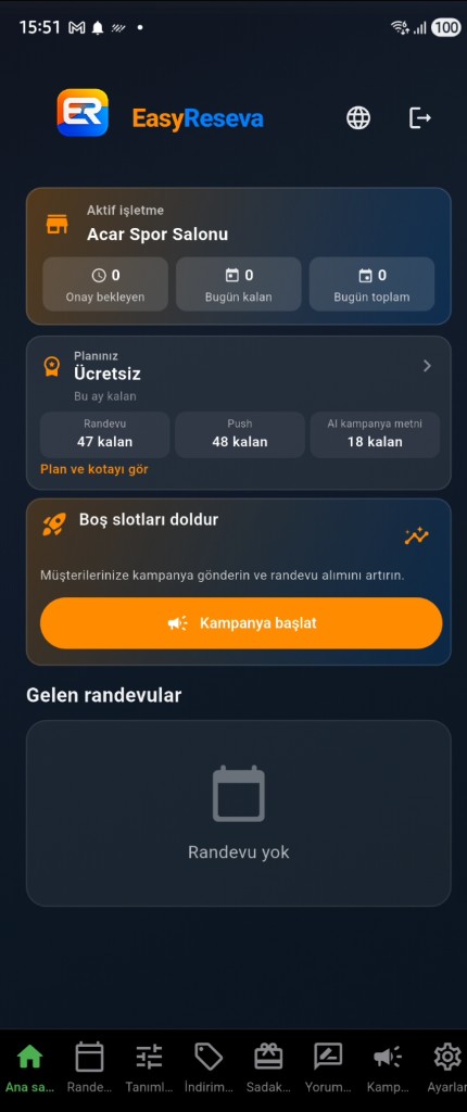 EasyReseva işletme ana ekranı — plan, yapay zekâ kampanya metni kotası ve kampanya başlat (Türkçe)