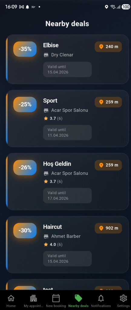Nearby deals — discount cards, distance and valid until (English)
