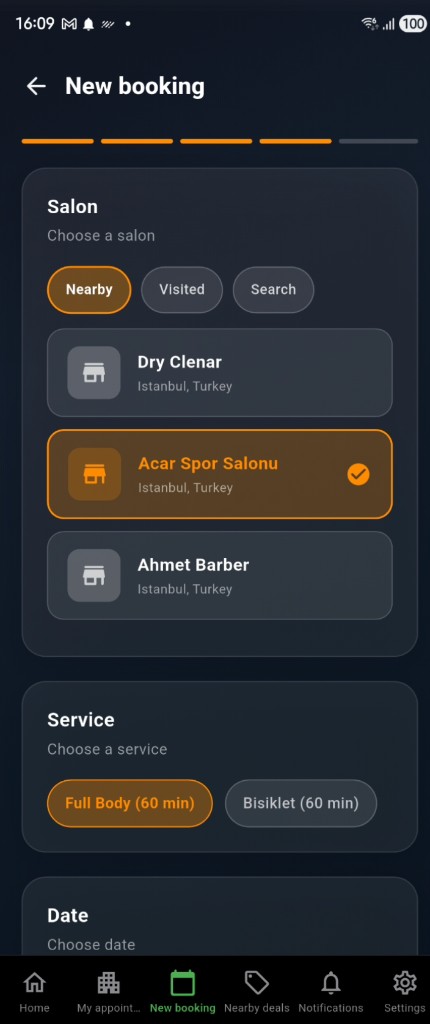 New booking — salon and service selection, step progress (English)