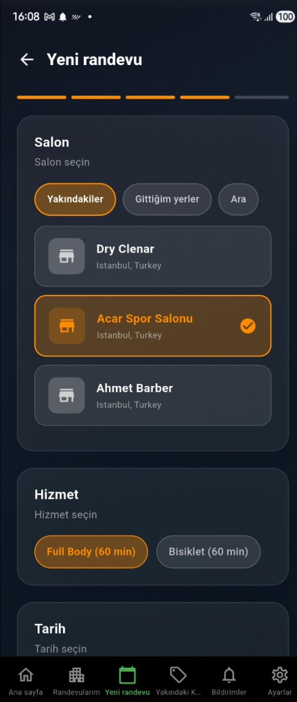 Yeni randevu — salon ve hizmet seçimi, ilerleme çubuğu (Türkçe)