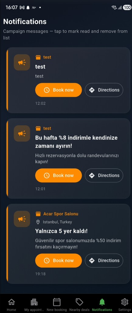 Notifications — campaign messages, Book now and Directions (English)