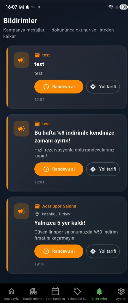 Bildirimler — kampanya mesajları, randevu al ve yol tarifi (Türkçe)