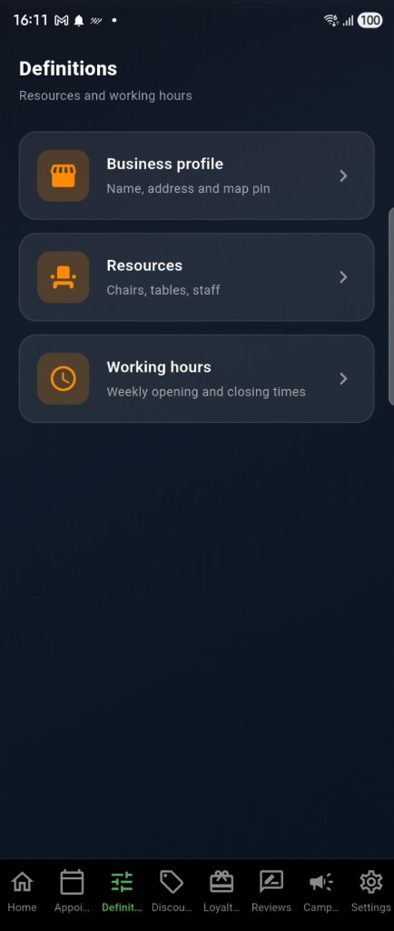 EasyReseva business — Definitions: business profile, resources, working hours (English)