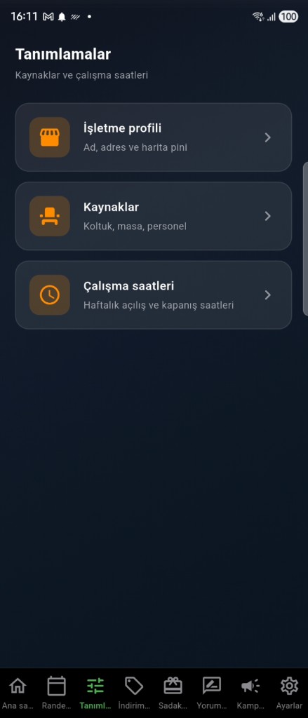 EasyReseva işletme — Tanımlamalar: işletme profili, kaynaklar, çalışma saatleri (Türkçe)