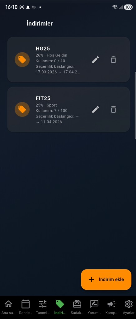 EasyReseva işletme — İndirimler listesi, kullanım ve geçerlilik, indirim ekle (Türkçe)