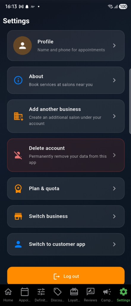 EasyReseva business — Settings: profile, plan, switch business, customer app, log out (English)