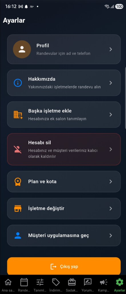 EasyReseva işletme — Ayarlar: profil, plan, işletme değiştir, müşteri modu, çıkış (Türkçe)